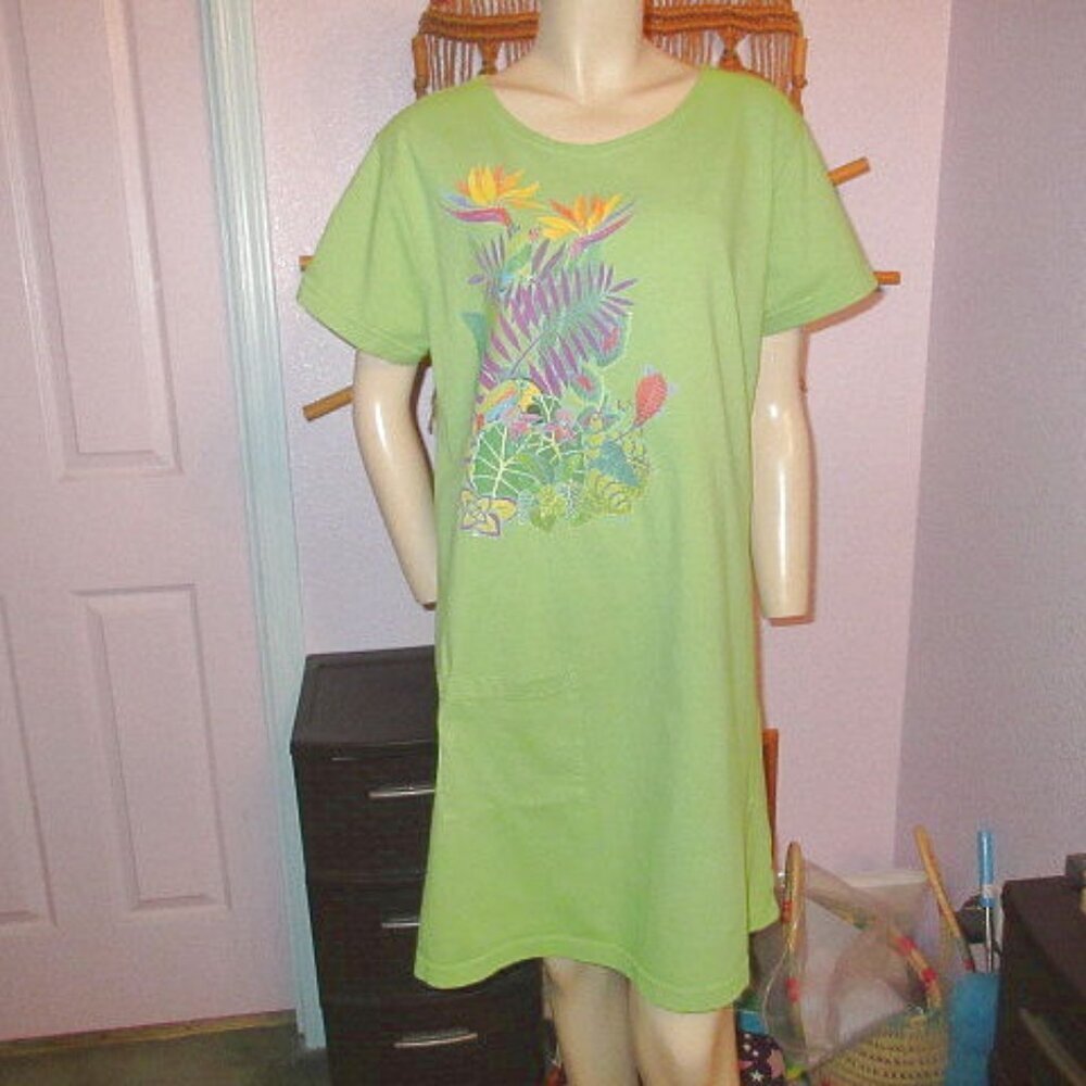 Sabaku Art Paradise T-Shirt Dress Size M Pockets Stretch Birds Lotus Floral Boho